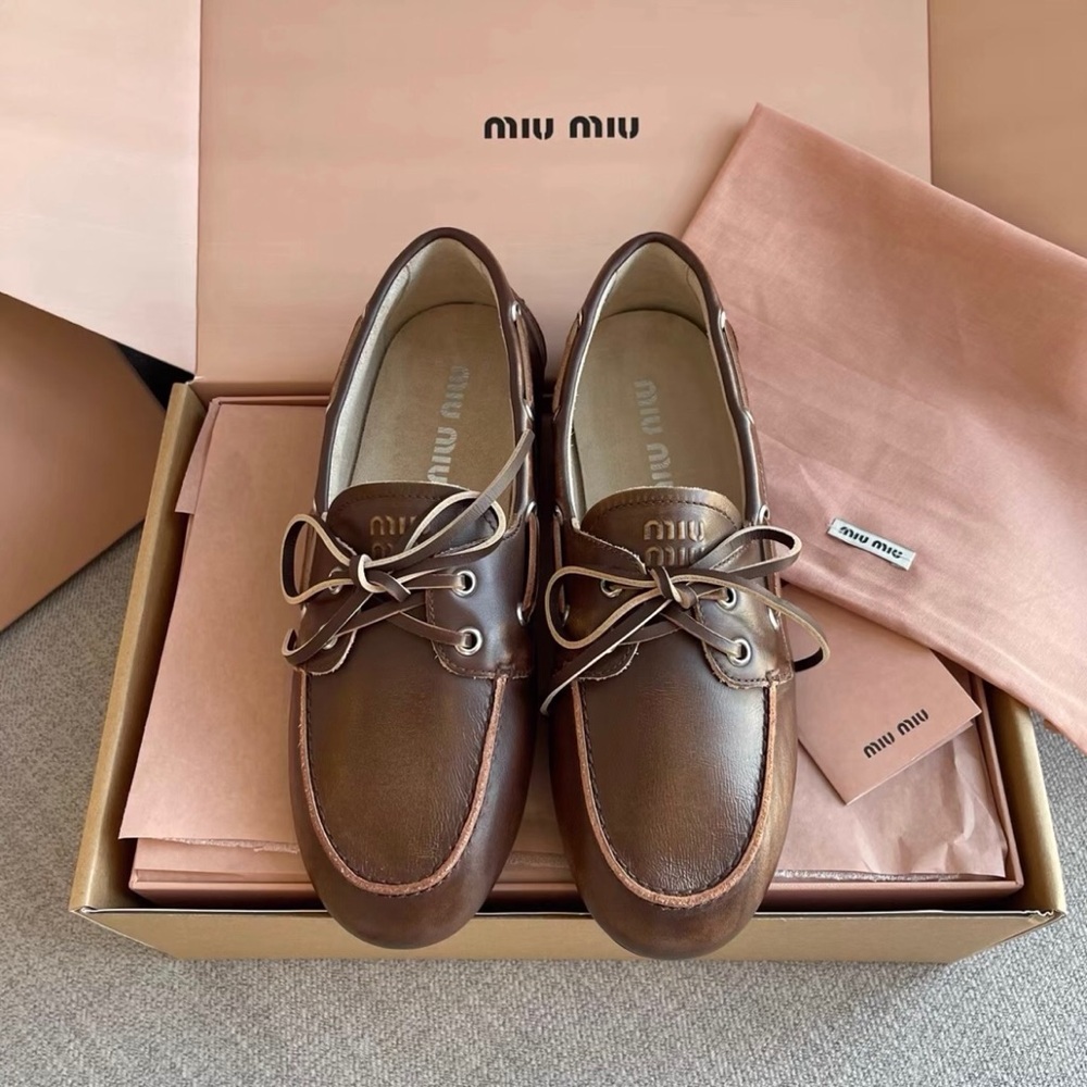 Miu Miu Chocolate Brown Leather Lace-Up Loafers